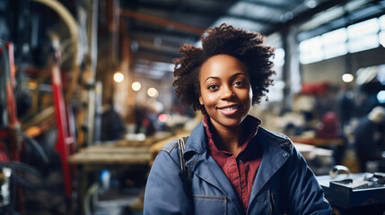 Fototapeta premium Portrait of happy african american female working in a workshop 