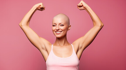 Portrait of a woman with cancer showing her biceps over pink background