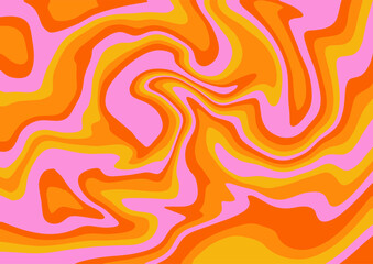 1970 Wavy Swirl Pattern in Orange and Pink Colors. Vector Illustration. Seventies Style Marble Groovy Background, Wallpaper, Print. Flat Design in trendy distorted Hippie Aesthetic.
