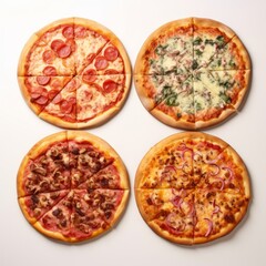 Fototapeta na wymiar Four Delicious Types of Pizza on a Clean White Tablecloth