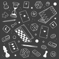 hand drawn board games pattern. sketch doodle of chess, checkers, go, dominoes, playing cards, scrabble, backgammon isolated on background.