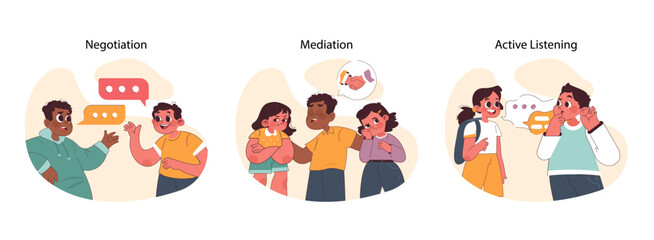 Conflict resolution set for children showcasing negotiation, mediation, and active listening skills in problem-solving scenarios. Interactive communication depicted in a playful manner. Flat vector