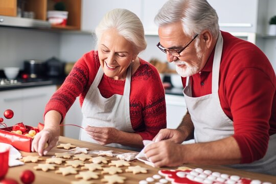 Happy elderly Caucasian couple cooks gingerbread men for Christmas holiday at home. Happy man and woman enjoy baking snacks for grandchildren. Cheerful grandparents make biscuits in kitchen