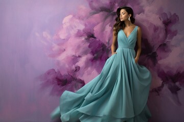 An elegant model wearing a flowy teal gown, standing gracefully in front of a striking lavender wall.