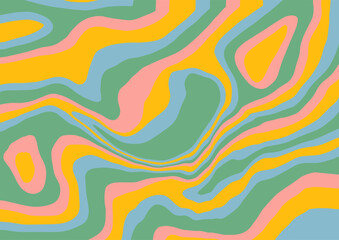 Psychedelic swirl groovy pattern in retro pastel colors. Groovy liquid background in trendy 70s, 80s style. Flat Vector illustration for covers and posters backdrop.