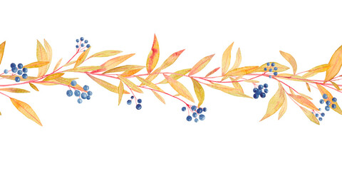 Watercolor drawing of a floral garland of twigs with yellow leaves and blue berries on a white background.
