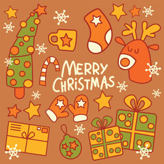 Merry Christmas. Funny holiday doodle. A set of Christmas items with a handwritten inscription