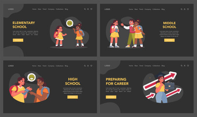Child milestones set. Journey from childhood to teenage years. Elementary, middle and high school stages. Communication with friends, socialization with classmates. Flat vector illustration