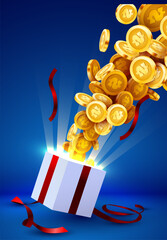 Open gift box with coin explosion. Big win concept.