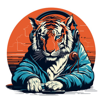 Tiger with headphone, isolated on transparent background.