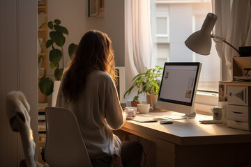 young woman working from home in front of a computer monitor. The apartment is minimalistic, with plants