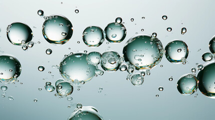 Close up of transparent water drops or oil bubbles on light background