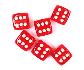 Red dice isolated on white background, top view