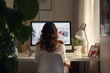 Young woman working from home in front of a computer monitor. The apartment is minimalistic, with plants