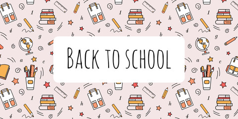 School banner with pattern of school stationery, educational supplies. Back to school concept. Decoration, design for banners, paper, textiles, fabric, wallpaper. Vector illustration - obrazy, fototapety, plakaty
