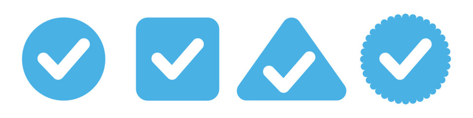 Social networks blue verification checkmarks. A set of verification check boxes. White check mark on a blue background vector. Voting in vector form. Vector illustration. - obrazy, fototapety, plakaty