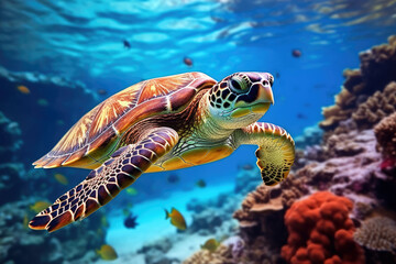 Turtle life Underwater with colorful coral reef, sea life fishes and plant at seabed background,...