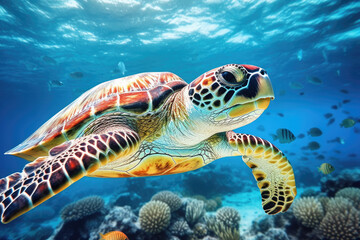 Turtle life Underwater with colorful coral reef, sea life fishes and plant at seabed background, Colorful Coral reef landscape in the deep of ocean, Marine life concept.