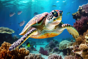 Naklejka na ściany i meble Turtle life Underwater with colorful coral reef, sea life fishes and plant at seabed background, Colorful Coral reef landscape in the deep of ocean, Marine life concept.