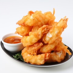 A Delicious Plate of Crispy Fried Food with a Variety of Tempting Dipping Sauces