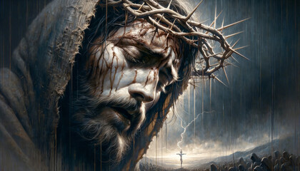Christ Crowned in Thorns: A Gaze into Jesus' Agony at Calvary's Hill.