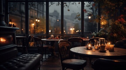 A dimly lit restaurant with tables and chairs
