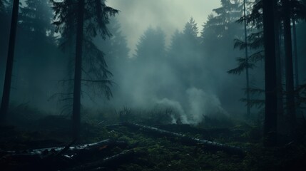 A foggy forest filled with lots of trees