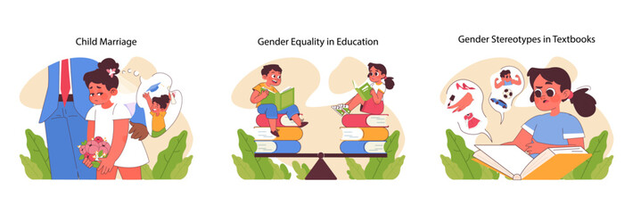 Social issues set. Young girls distress in forced wedding, children of diverse backgrounds enjoying education, and biases in study materials. Child rights, equal learning. Flat vector illustration