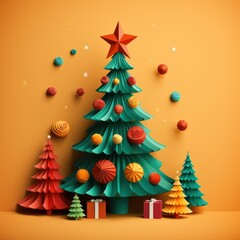 Obraz premium Handmade Christmas tree, folded paper cut style, Happy New year and merry Christmas greeting
