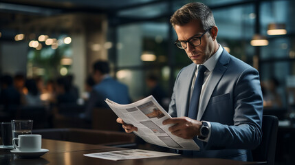 Businessman reading morning newspaper.  - obrazy, fototapety, plakaty