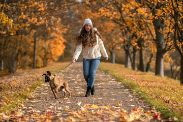 Mädchen mit Hund beim herbstlichen Spaziergang im Park 