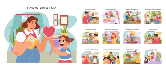 Parenting guide set. Practical insights from Janusz Korczak How to Love a Child. Emotional intelligence, respect, chores, privacy in child-rearing. Flat vector illustration