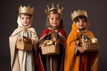 Obraz premium Three boys in royal costumes with gifts, Epiphany