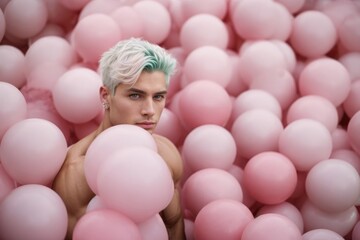 Fototapeta na wymiar A handsome blond man with green dyed hair in a pool of pink balloons.