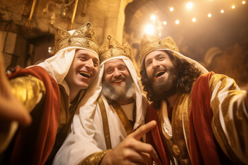 The three kings are having fun and taking selfies in the ancient city - obrazy, fototapety, plakaty