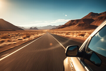 Car on desert highway road. Car trip along desert mountain landscape, closeup side view