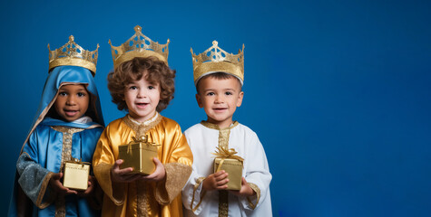 Obraz premium Three boys in royal costumes with gifts on a blue background, Epiphany