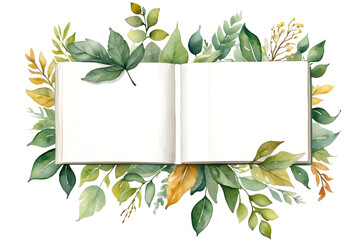 Watercolor stack of books and leaves on transparent background 