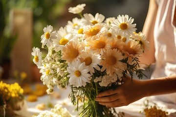 The girl's hands are holding a large daisy bouquet.