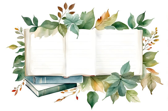 Watercolor stack of books and leaves on transparent background 