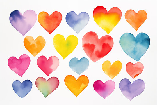 Set of multicolored watercolor hearts isolated on white background