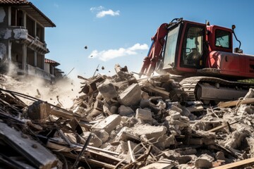 Construction equipment removes rubble of stone and concrete on city streets after a devastating earthquake