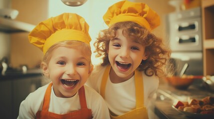 Laughing little girls cook pastry at table in home kitchen. Cute sisters with chef hats make dough for pie together in house. Children have fun helping with food preparation in bakery shop