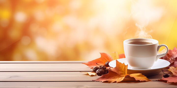 Cup Of Coffee And Autumn Leaves,Autumn Cozy Coffee Background,HD Wallpaper For Desktop And Phone .AI Generative .AI Generative 