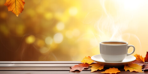 cup of coffee with autumn leaves,Wooden Elegance Autumn Coffee HD Wallpaper.AI Generative 