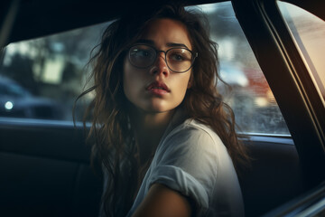 Beautiful young woman in glasses driving a car