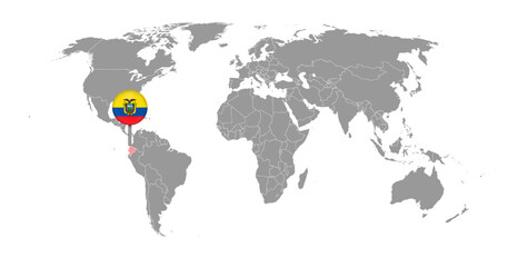 Pin map with Ecuador flag on world map. Vector illustration.