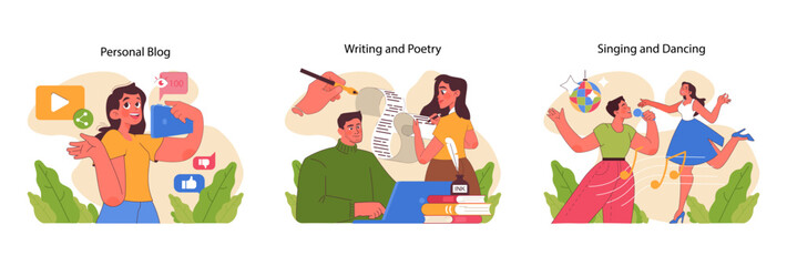 Self expression set. Digital content creation, literary artistry, and rhythmic movements. Making up stories, composing poetry. Blogging, writing, and performing arts depicted. Flat vector illustration