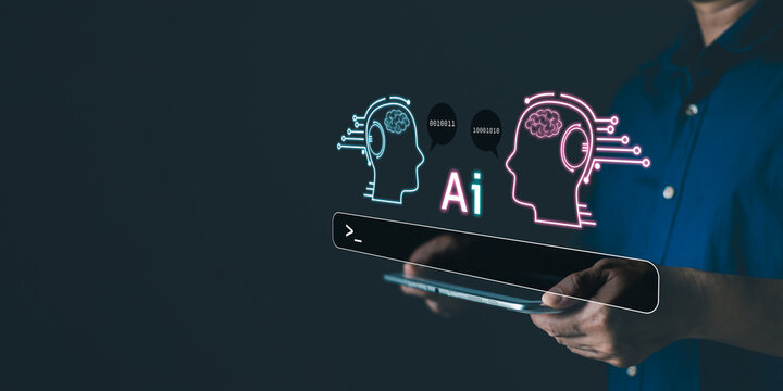 man holding command prompt ai chat bot. Big data storage.Digital Artificial Intelligence technology disruption concept. use AI to generate management service technology support in the business.