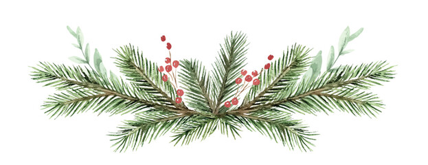 Watercolor vector winter greenery wreath illustration. Christmas border, holiday card template, invitations, decorations. Hand painted pine tree branches, red berries.